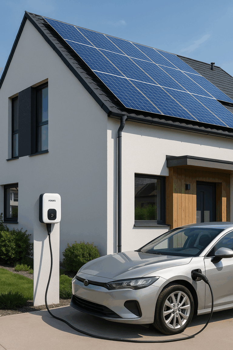 Modernes Haus mit Photovoltaikanlage von Apex Solar und FoxESS-Wallbox – Solarstrom und E-Mobilität von der 3ENERGIE GmbH Franken